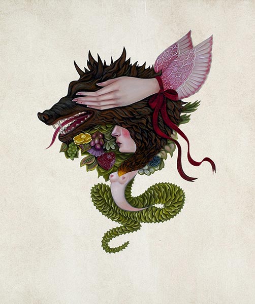 Jennybird_Alcantara_secret444-1 Surreal artwork with wolf, flowers, and snake.