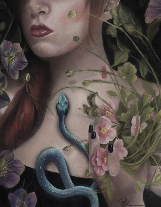MEGAN_BUCCERE_the_garden_lr Woman with flowers and blue snake.