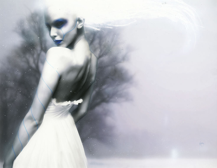 MENTON3_LET_GO Ethereal figure with flowing hair in snow.