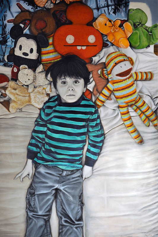 MICHAEL_MARARIAN_REFUSElr Child lying on bed with stuffed toys.