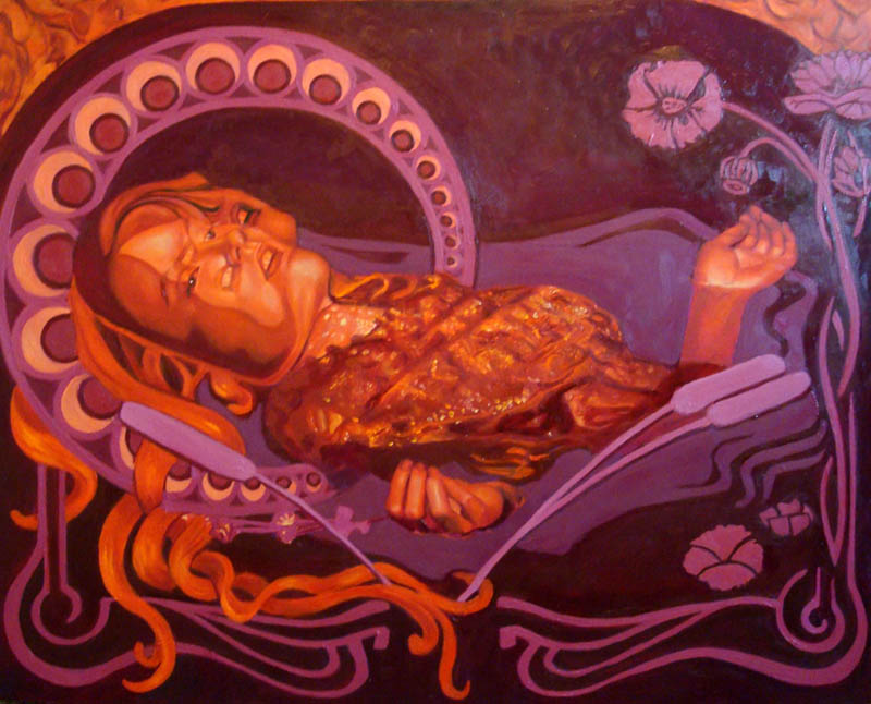 NAN_CHERRY_LOVE_MERELY_LR Surreal painting of a floating, distorted figure.
