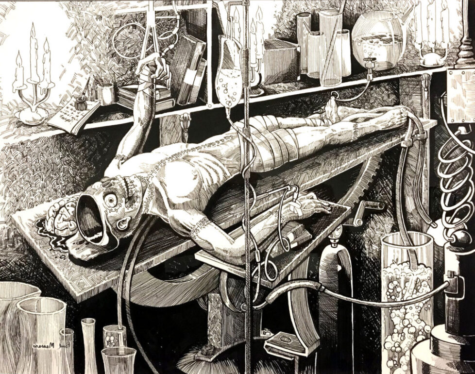 PAUL_MASSARO_FRANKENSTEIN Laboratory scene with a figure on table.