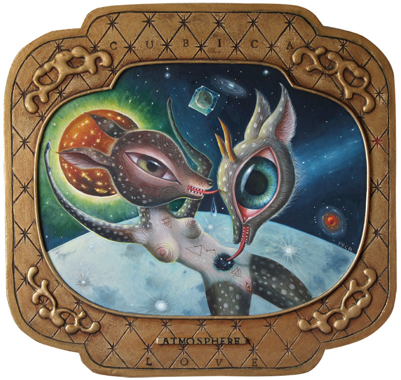 Peca_atmosphere Surreal cosmic creatures embracing in space.