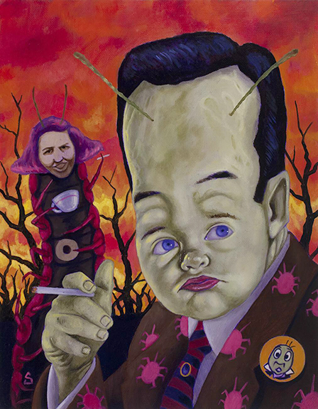 SEAN_MADDEN_The-Man-with-the-Little-Girl-Face-oil-on-masonite-11x14-1 Surreal portrait with insects and cigarette.