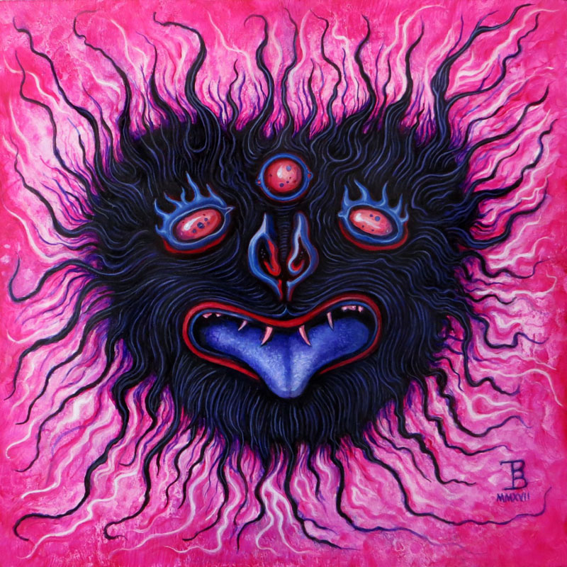 TPB_Corde_Infirmata_LR Abstract creature with three eyes on pink.