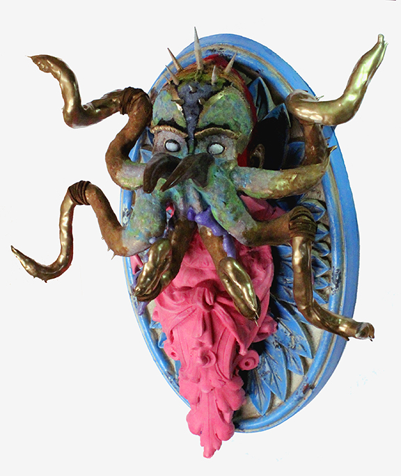 Tall-Tales-of-Ghosts-at-Sail-01 Colorful abstract wall sculpture with tentacles.