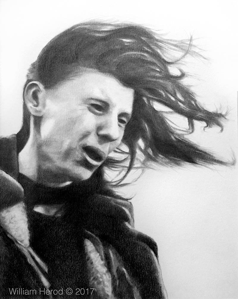 OLYMPUS DIGITAL CAMERA Person with windblown hair, monochrome portrait.