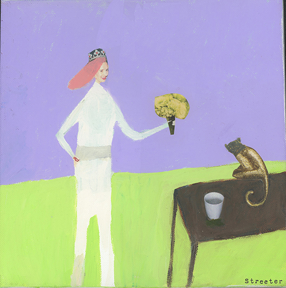 katherine_streeter_Monkey Person with flowers facing a cat.