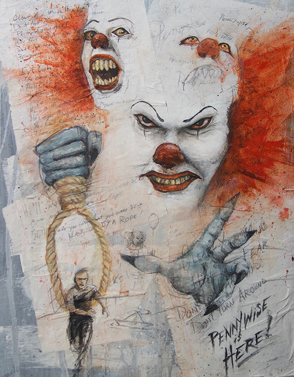 mDuquette_pennywise Creepy clown illustration with sinister expressions.