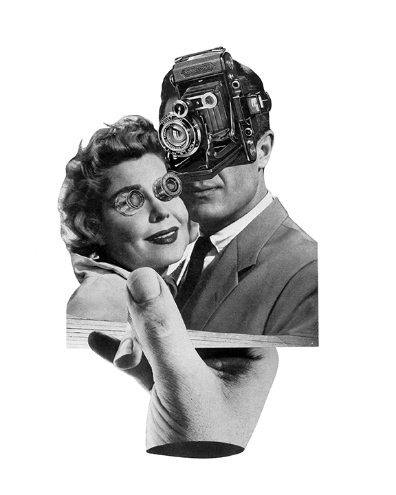 Surreal collage of couple with camera heads.