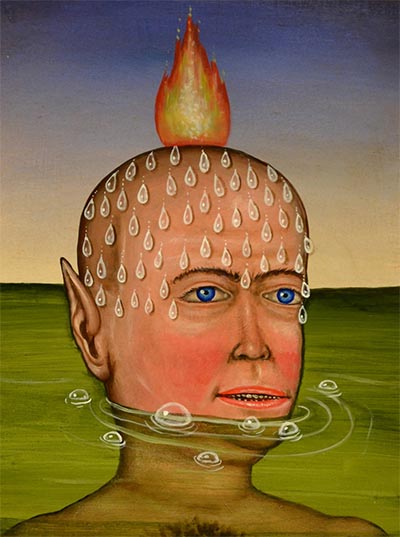 Surreal painting of man with fiery head.