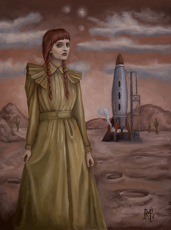 thedeparture Woman standing in desert with rocket.