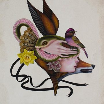 Surreal collage with animals and flowers.