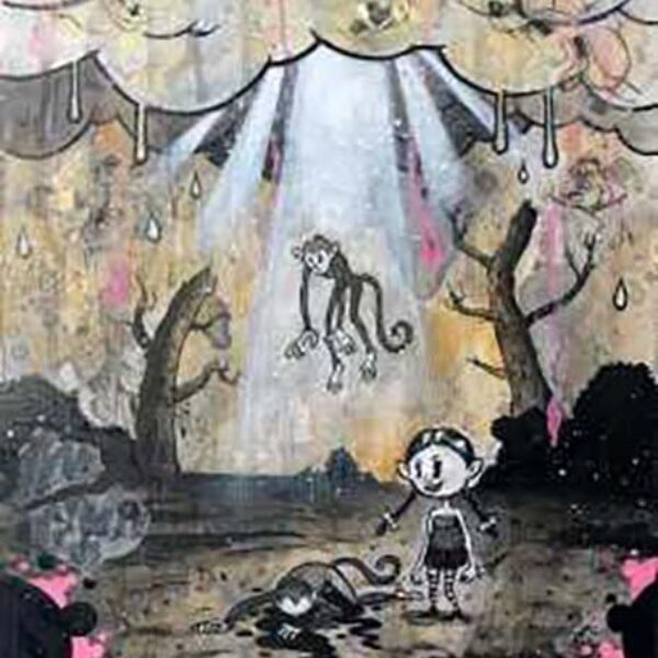 </br><b>Frank Forte</b> </br> <i>Monkey Gone To Heaven</i></br>Acrylic, Cel Vinyl, Vellum, and Ink on Wood</br>9” x 12”   •  $300.</br><span style="font-size: 8pt;">Pixies - "Monkey Gone To Heaven" <br><font size="+7"><font color="red">  •</font></font>