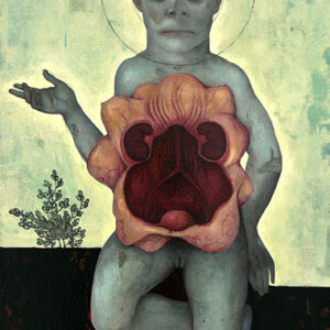 A painting of a man with an animal head in his hands.