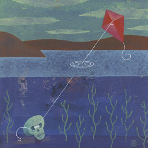 A painting of a red kite flying over the ocean.