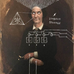 A painting of a woman with an electrical diagram on her head.