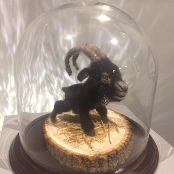 </br><b>Michael Mararian</b> </br> <i>Little Black Philip</i></br>Felt and glass eyes with glass dome and wood base</br>$250.  <br><font size="+9"><font color="red">  •</font></font>