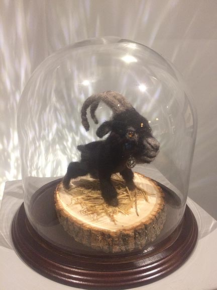 </br><b>Michael Mararian</b> </br> <i>Little Black Philip</i></br>Felt and glass eyes with glass dome and wood base</br>$250.  <br><font size="+9"><font color="red">  •</font></font>