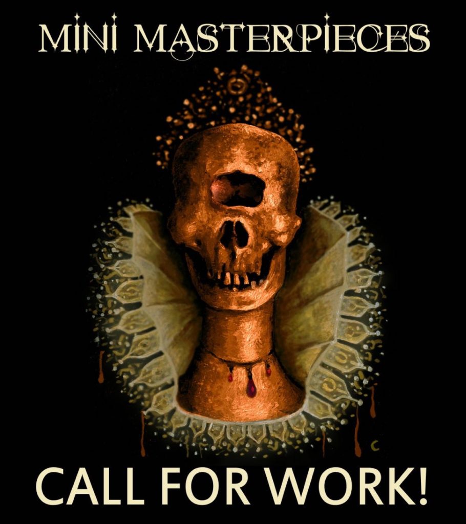 MM_CFW-910x1024-1 Skull sculpture with "Mini Masterpieces" text.