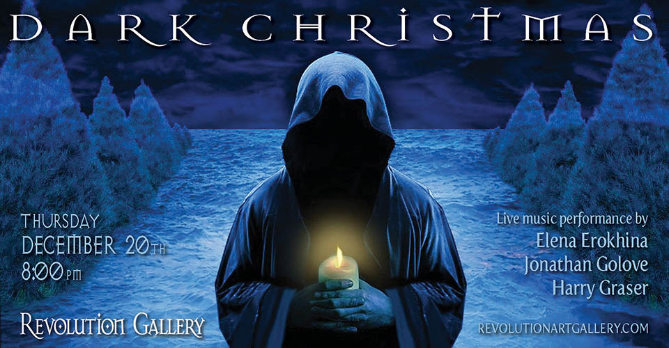 Print Hooded figure holding candle in dark setting.