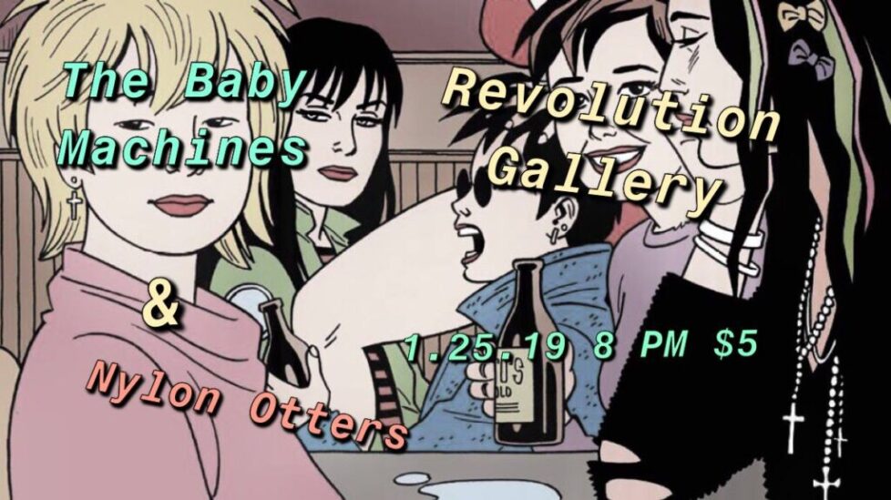 BABY_MACHINES_JAN25th-1 Cartoon women in a club setting.