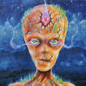 A painting of an alien with green eyes.
