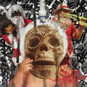 A collage of skulls and santa clause with graffiti.