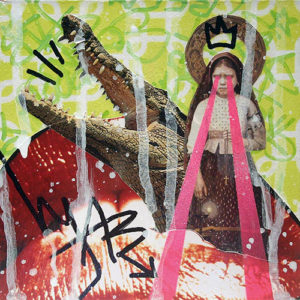 A collage of a woman and an alligator.
