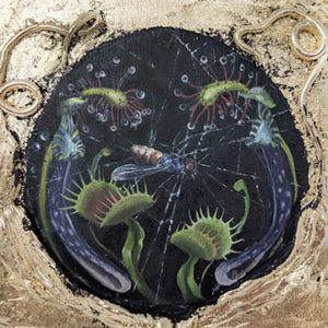 A painting of various plants and fish in the water.