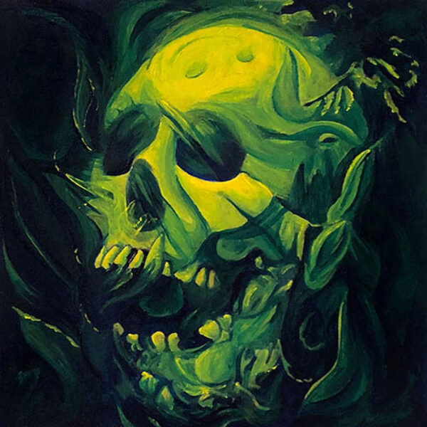 </br><b>Tricia Butski</b> </br> <i>Skull (Green)</i></br>Acrylic on hardboard</br>5” x 5”  •  $150.</br><font size="+9"><font color="red">  •</font></font>