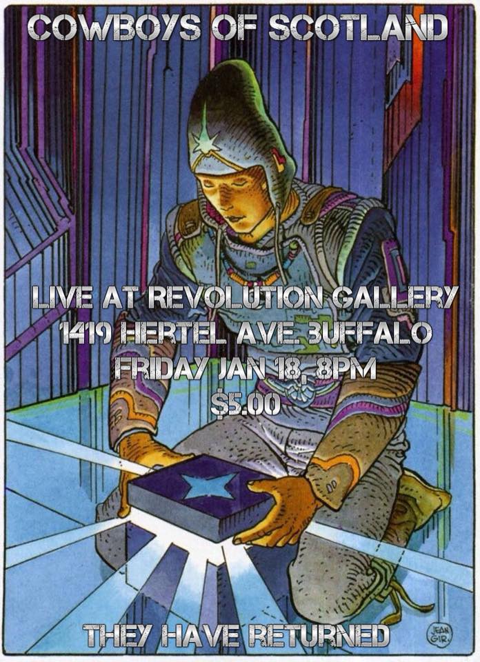 COWBOYS_OF_SCOTLAND-1 Futuristic figure holding glowing box. Concert poster.