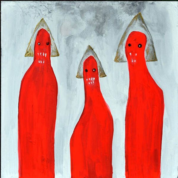 </br><b>Danielle Draik</b> </br> <i>Red Abductors - Unprepared</i></br>Gouache, acrylic, fluorescent Ink</br>5” x 5”  •  $75.</br><font size="+9"><font color="red">  •</font></font>