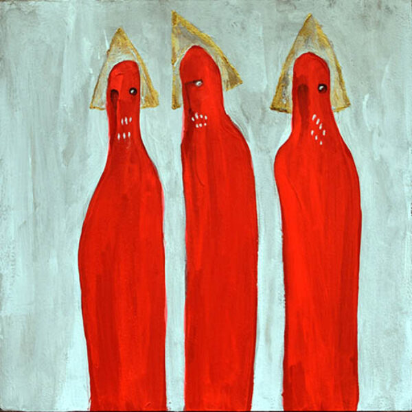 </br><b>Danielle Draik</b> </br> <i>Red Abductors - Working</i></br>Gouache, acrylic, fluorescent Ink</br>5” x 5”  •  $75.</br>