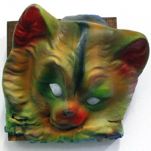 </br><b>Matthew Dutton</b></br><i>Kitty Face</i></br>Urethane Resin, paint on wood, mixed media<br>5” x 5”  •  $200.</br>