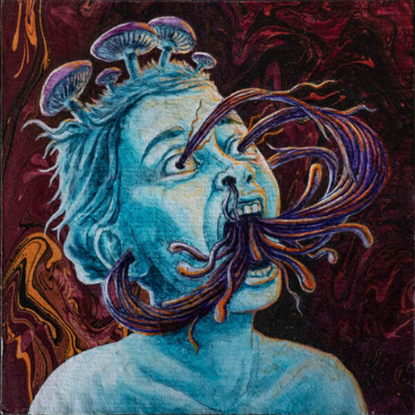 </br><b>E. R. Flynn</b> </br> <i>The Lies We Tell Ourselves</i></br>Acrylic, water color and gouache on gessoed 30 year old</br> Marbelized Italian paper affixed to masonite board</br>5” x 5”  •  $275.</br><font size="+9"><font color="red">  •</font></font>