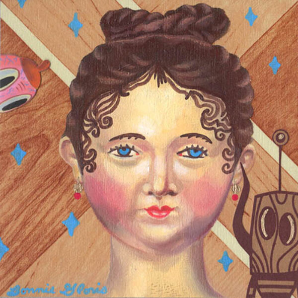 </br><b>Bonnie Gloris</b> </br> <i>Rare & Lovely: Bavarian Doll</i></br>Oil paint, paint pen, and collage on linoleum</br>5” x 5”  •  $75.</br><font size="+9"><font color="red">  •</font></font>