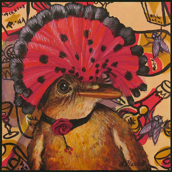 </br><b>Annette Hassell</b> </br> <i>Her Royal Flycatcher </i></br>Acrylic on board</br>5” x 5”  •  $220.</br><font size="+9"><font color="red">  •</font></font>
