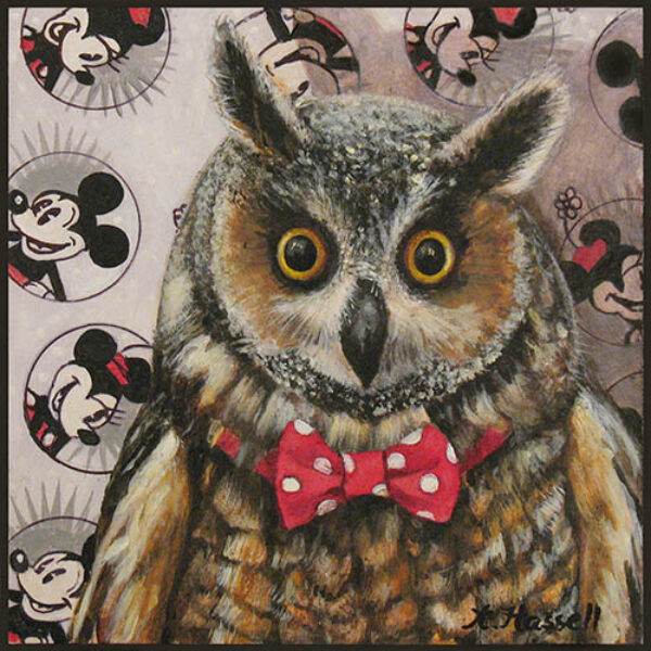 </br><b>Annette Hassell</b> </br> <i>Owl's Obsession</i></br>Acrylic and ink on board</br>5” x 5”