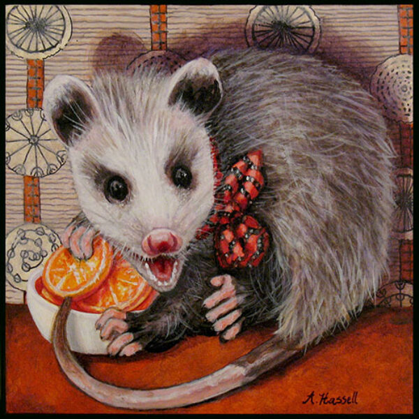 </br><b>Annette Hassell</b> </br> <i>Possum's Oranges </i></br>Acrylic on board</br>5” x 5”  •  $220.</br><font size="+9"><font color="red">  •</font></font>