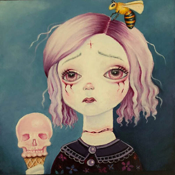 </br><b>Kerri Hobba</b> </br> <i>Sad Icecream Girl</i></br>Acrylic paint on panel</br>5” x 5”  •  $145.</br><font size="+9"><font color="red">  •</font></font></br>