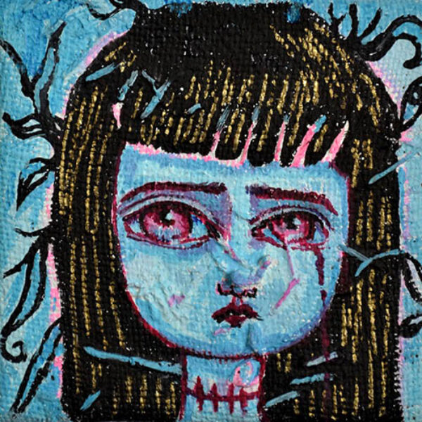 </br><b>Sonja Llamas</b> </br> <i>Melancholia</i></br>Acrylic and fabric</br>5” x 5”  •  $200.</br><font size="+9"><font color="red">  •</font></font></br>