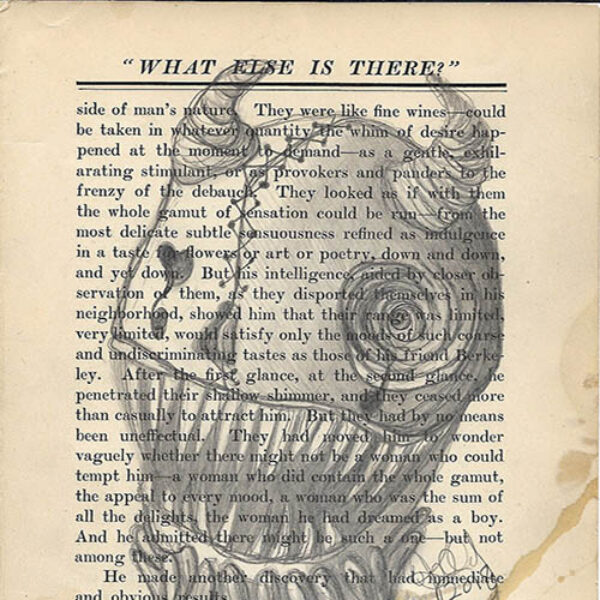 </br><b>Kelly Reed</b> </br> <i>He Sees With His Heart</i></br>Graphite on repurposed book pages</br>5” x 5”  •  $150.</br><font size="+9"><font color="red">  •</font></font>