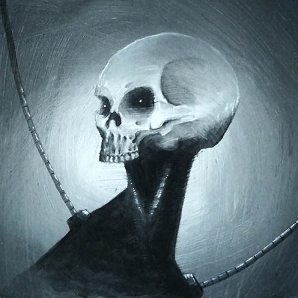 </br><b>Thomas Webb</b> </br> <i>Skull 0002</i></br>Acrylic, ink on board</br>5” x 5”  •  $60.</br><font size="+9"><font color="red">  •</font></font>