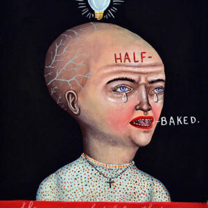 A painting of a woman with half baked.
