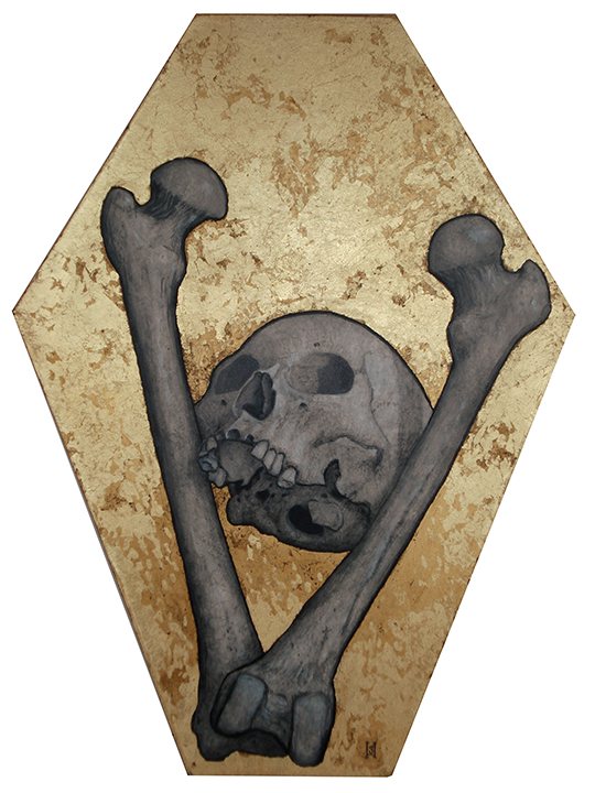 SCOTT_HOLLOWAY_We-All-End-Up-In-A-Box Skull and crossbones on gold background.