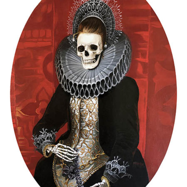 </br><b>Michele Melcher</b></br><i>Lady with a Rosary</i></br>Oil on birch wood board<br>13.5" x 19.5" in vintage oval frame
 •  $1800.  <br>