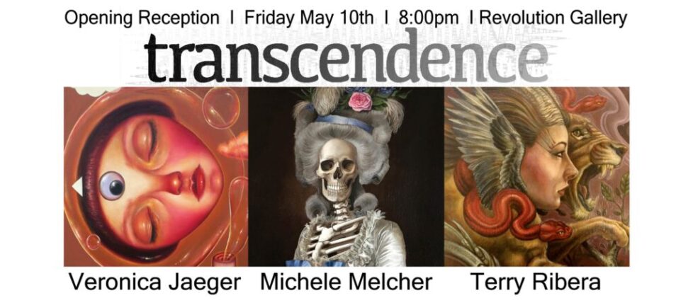 transendence-1-1 Art exhibition poster with three surreal artworks.
