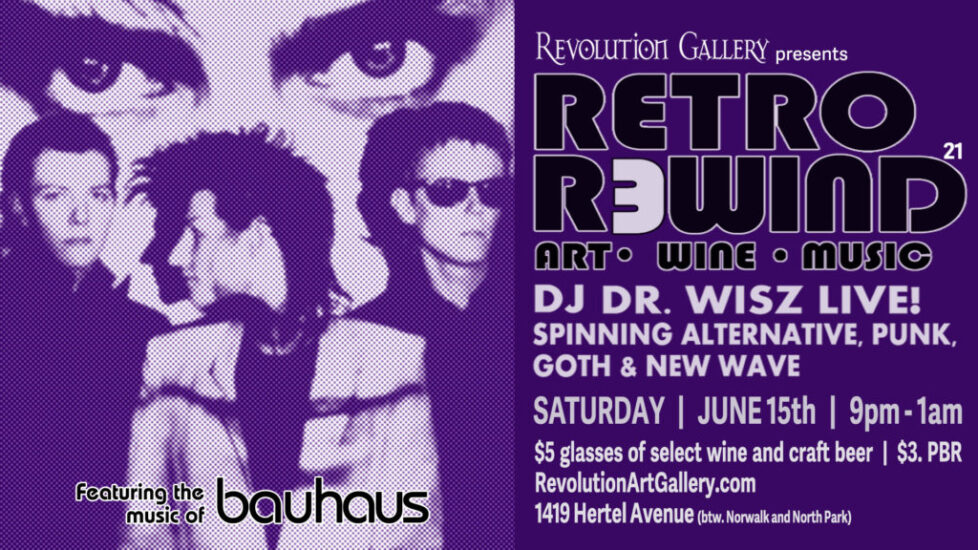 A poster for a party with people in the background.