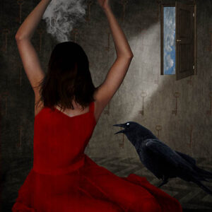 A woman in red dress sitting on the ground with a black bird.